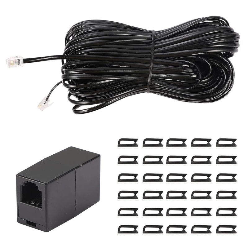 Seefeful 100 Feet Long Telephone Extension Cord Phone Cable Line Wire, with Standard RJ11 Plug and 1 in-Line Couplers and 30 Cable Clip Holders-Blac (Black 100FT) - Image 1